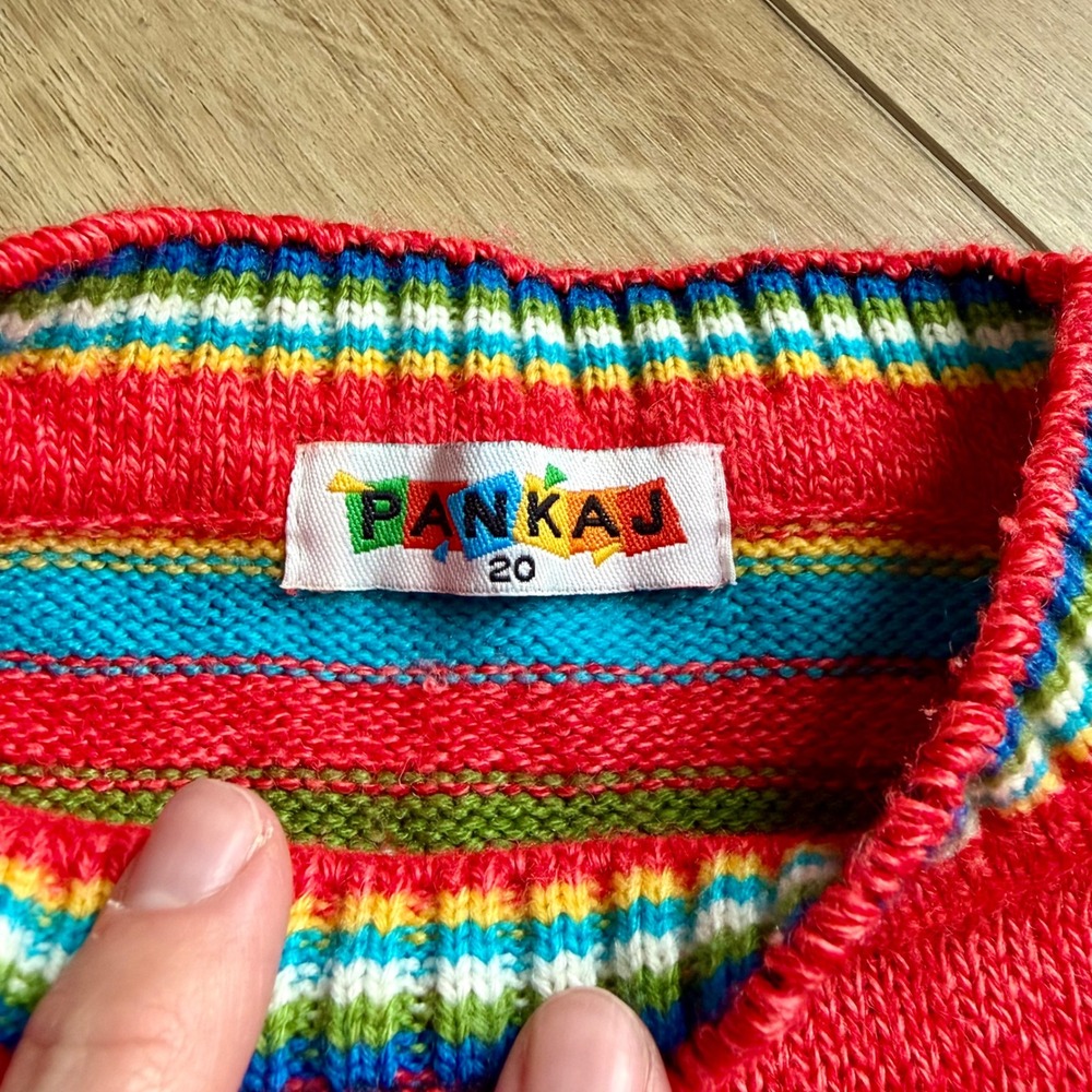 VTG Pankaj Kids 3T / 4T Sweater Red Teddy Bear Rainbow Striped Novelty Knit 90s - Picture 3 of 7